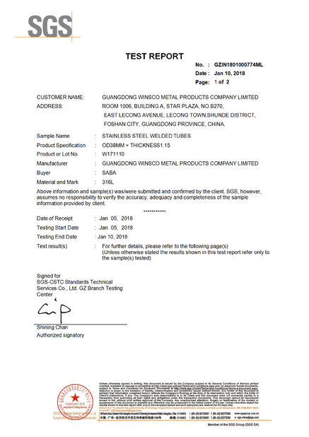 Chiny (GuangDong)Foshan Winsco Metal Products Co., Ltd. Certyfikaty