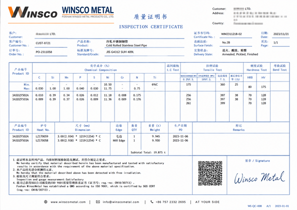 Chiny (GuangDong)Foshan Winsco Metal Products Co., Ltd. Certyfikaty