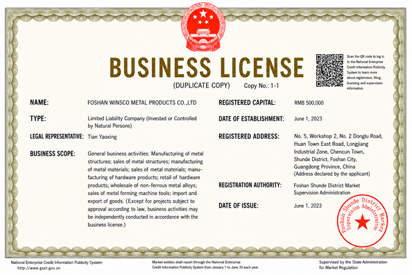 Chiny (GuangDong)Foshan Winsco Metal Products Co., Ltd. Certyfikaty